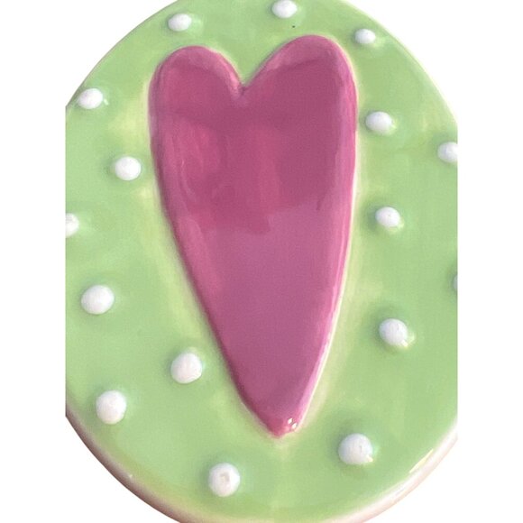 Vintage Porcelain Ceramic Pin Brooch Oval Green Mauve Heart Dots Estate 2.5" - Picture 3 of 5